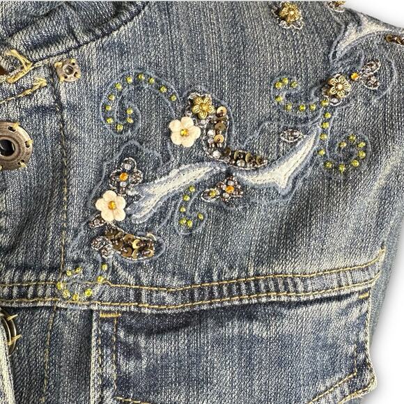 Brandon Thomas Womens Jean Denim Trucker Jacket Embellished Floral Size Small - Picture 2 of 8